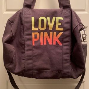 PINK VICTORIA SECRET gray duffle bag with strap.